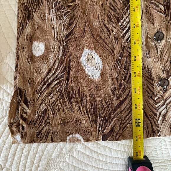 Vintage 70s Dart Collar Sheer Beige Peacock Feather Long Sleeve Blouse Size S - Picture 8 of 11